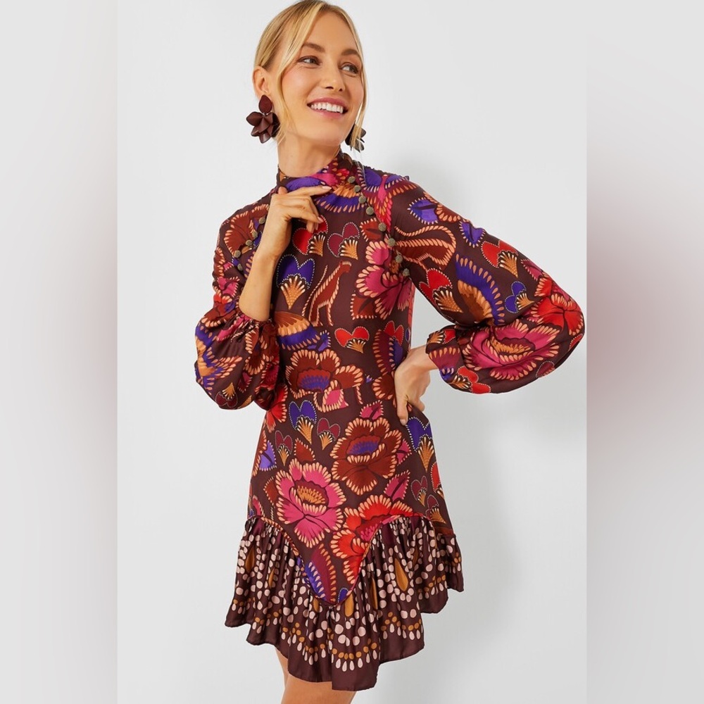 FARM Rio Bright Flora Colorful Long Sleeve Satin Mini Dress